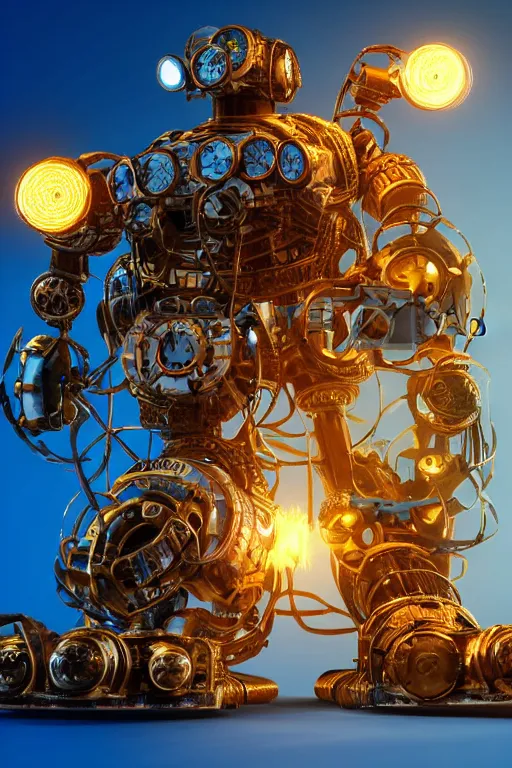 Prompt: portrait photo of a broken giant huge golden and blue metal broken steampunk robot with big gears and tubes all over the floor, eyes are glowing red lightbulbs, shiny crisp finish, 3 d render, 8 k, insaneley detailed, fluorescent colors, background is multicolored lasershow