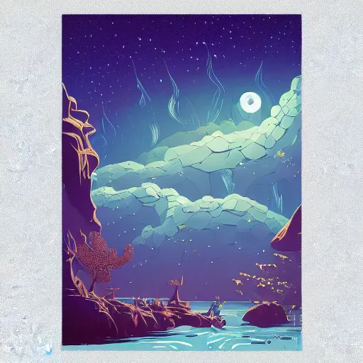 Image similar to sea under starry sky with reefs, light purple tones, animated film, stylised, illustration,, fantasy art, 2 d game art, by eyvind earle, scott wills, genndy tartakovski, roman shipunov, etienne hebinger, atey ghailan, cgsociety, cynical realism