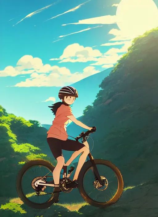 Image similar to portrait of girl riding electric mountain bike, sunny sky background, downhill landscape, illustration concept art anime key visual trending pixiv fanbox by wlop and greg rutkowski and makoto shinkai and studio ghibli and kyoto animation, symmetrical facial features, sports clothing, mountain bike helmet, backlit