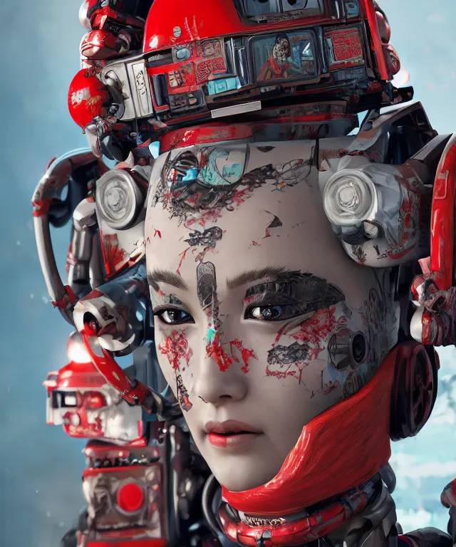 Image similar to an epic fantastic realism comic book style portrait painting of a japanese robotic geisha with kanji tattoos and decals, apex legends, octane render, intricate detail, 4 k hd, unreal engine 5