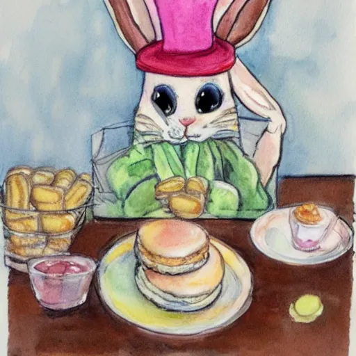 Prompt: A bunny wearing a baker's hat, a plate of macarons on the table. Water Colors, 2017