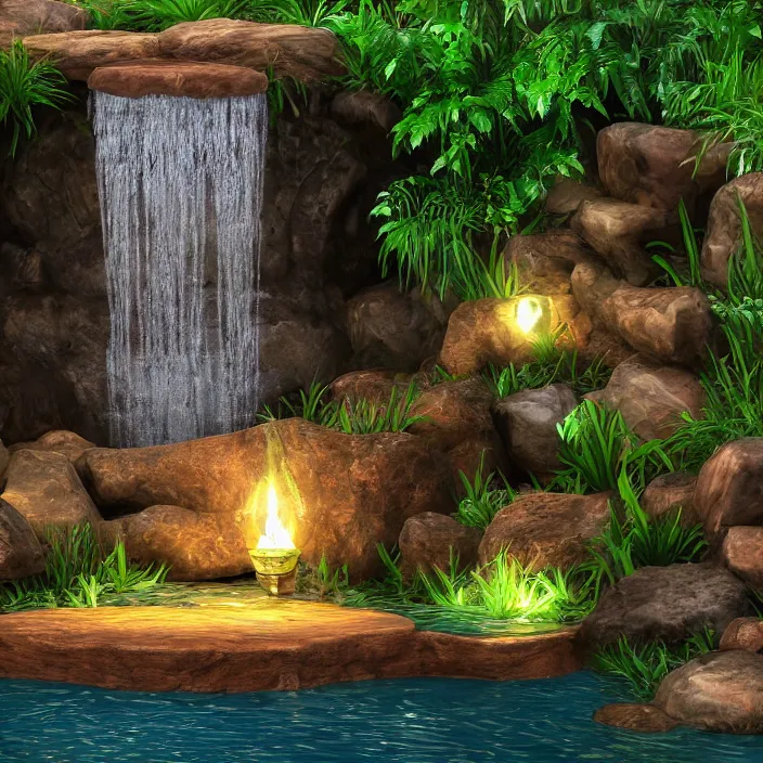 Image similar to Single waterfall with treasure hidden behind the water stream, photo realistic, glowing chest