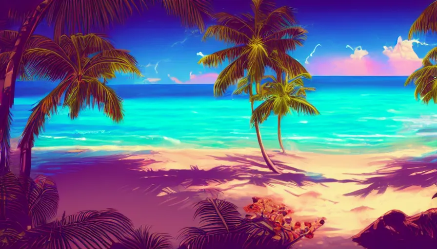 Image similar to a tropical beach, epic retrowave art, trending on art station