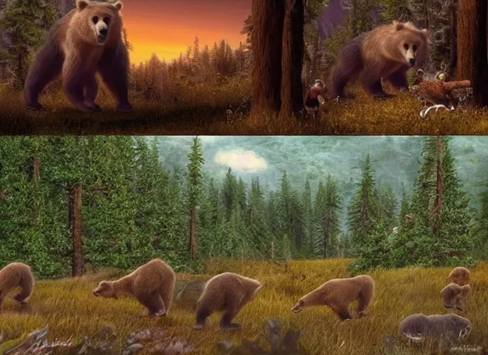 Prompt: screenshot from disney’s ‘Brother Bear’ (2003), iconic scene, HD remaster, Disney, highly detailed, high quality, beautiful scenery, brown bear, Kodak bears, Disney cartoon, film still