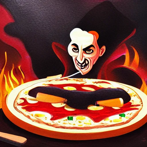 Image similar to time lapse painting of dracula cooking pizza