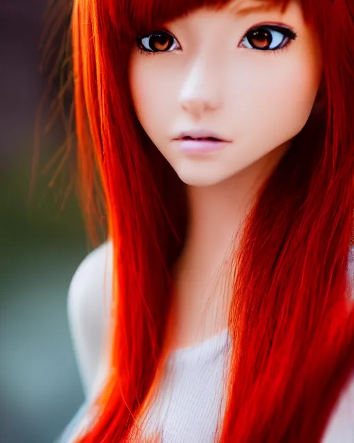 Prompt: A photo of a realistic-looking anime girl with red hair, highly detailed, bokeh, 90mm, f/1.4