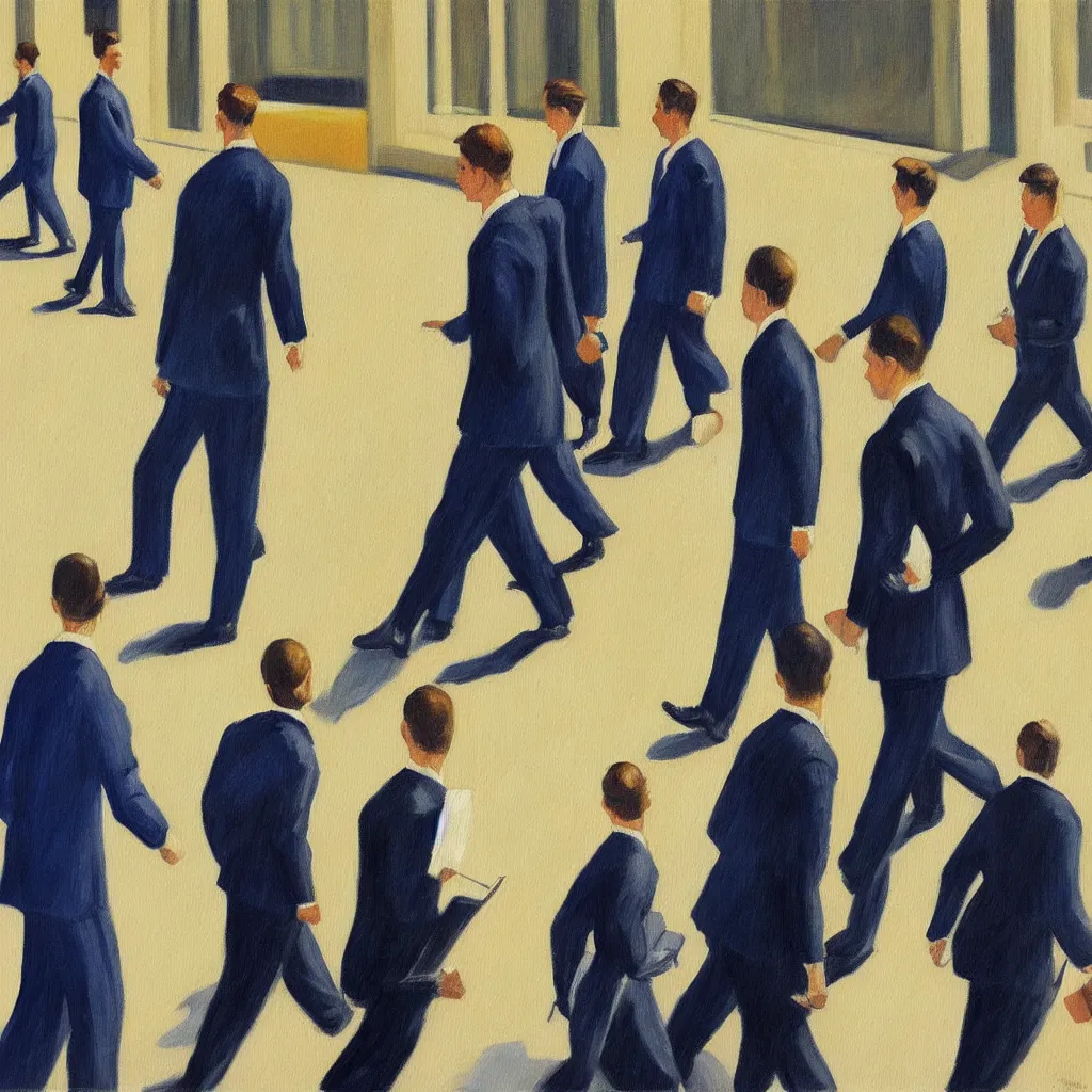 Image similar to painting of a group of men in business suits, marching to their offices, in the style of edward hopper