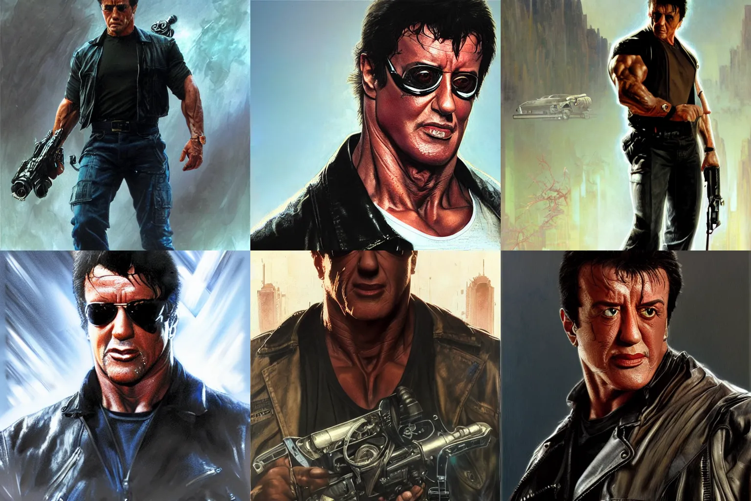 Prompt: The character of the Terminator film Sylvester Stallone, a highly detailed character in digital fantasy, painted portrait, artstation, concept art, hard focus, illustrations, works by Artgerm and Greg Rutkowski, Alphonse Mucha and Craig Mullins, James Jean, Andrey Ryabovichev, Mark Simonetti and Peter Morbacher, 16 thousand