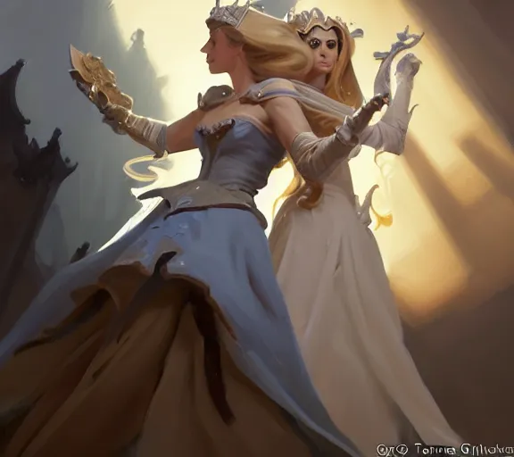 Image similar to greg manchess portrait painting of beautiful, princess d & d, fantasy, medium shot, asymmetrical, intricate, elegant, matte painting, illustration, hearthstone, by greg rutkowski, by greg tocchini, by james gilleard, by joe fenton, dynamic lighting, gradient light blue, brown, blonde cream and white color scheme, grunge aesthetic