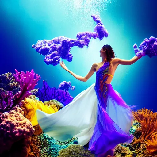 Prompt: woman dancing underwater wearing a flowing dress made of blue, magenta, and yellow seaweed, delicate coral sea bottom, swirling silver fish, swirling smoke shapes, bryce render, caustics lighting from above, cinematic, hyperdetailed