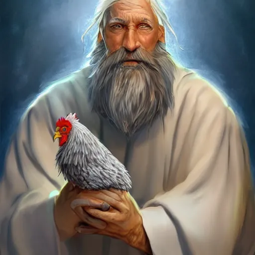 Image similar to a kind old wizard with a long white beard looking a confused, holding a pet chicken perched top of his hat, wearing a blue robe, grey eyes, realistic, detailed, trending on ArtStation, by Tony Sart