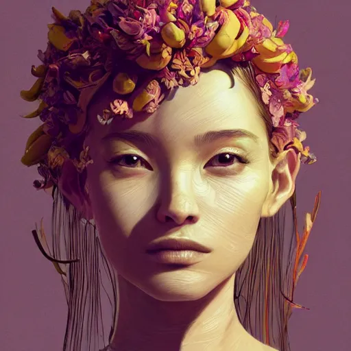 Image similar to the portrait of the most beautiful, graceful, and elegant young woman made of bananas and petals, an ultrafine detailed illustration by kim jung gi, rossdraws, irakli nadar, intricate linework, bright colors, final fantasy, behance contest winner, angular, unreal engine 5 highly rendered, global illumination, radiant light, detailed and intricate environment