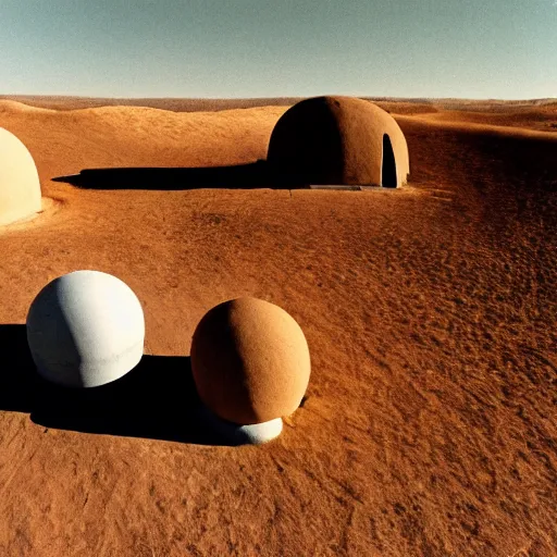 Prompt: an orb-like clay house sitting in the desert, vintage photo, beautiful cinematography, blue sky, film grain