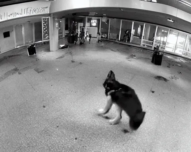 Prompt: camera footage of a Dog Robot hunting people in an abandoned shopping mall, high exposure, dark, monochrome, camera, grainy, CCTV, security camera footage, timestamp, zoomed in, fish-eye lense, Robot, Drone, Intense, Darpa,