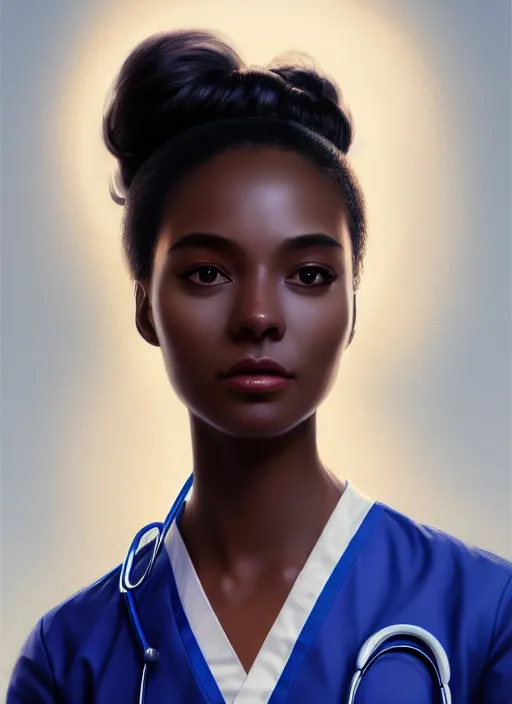 Prompt: half body portrait of young black woman as a doctor, blue scrubs and white coat, intricate, beautiful and elegant, highly detailed, digital painting, artstation, concept art, smooth, sharp focus, illustration, art by wlop, mars ravelo and greg rutkowski