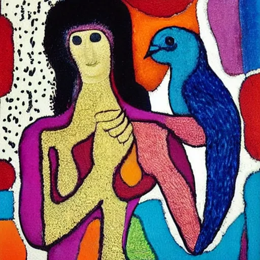 Image similar to Painting. a woman is shown from behind, her body slightly blurred as if in motion. Her long hair cascades down her back, and she is holding a small bird in her hand. bokeh by Jean Dubuffet geometric, placid