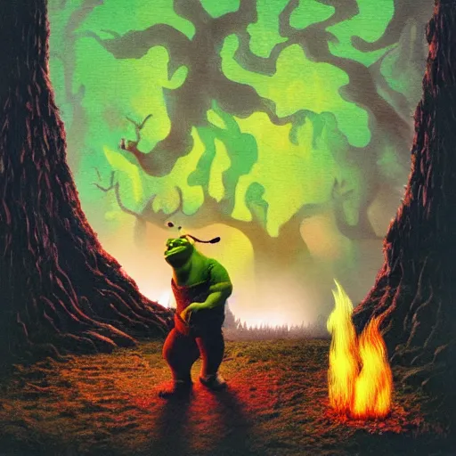 Prompt: shrek next to an oak tree aflame, still, fog in background, dantes inferno, evil album cover