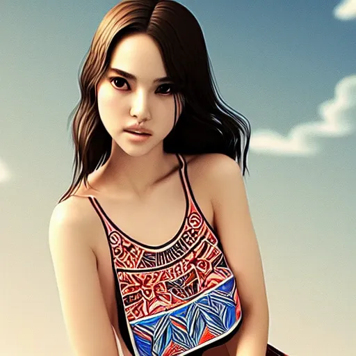 Image similar to a beautiful young japanese natalie portman alluring gravure model, wearing elegant designer tank top, elegant tank top with mesoamerican patterns, by wlop and ilya kuvshinov and artgerm and, aesthetic, gorgeous, stunning, alluring, attractive, artstation, deviantart, pinterest, digital art