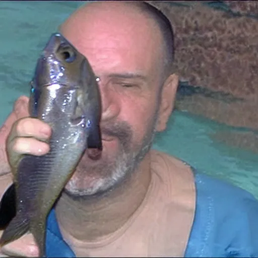 Image similar to inmate with fish head scuba diving in a jail cell