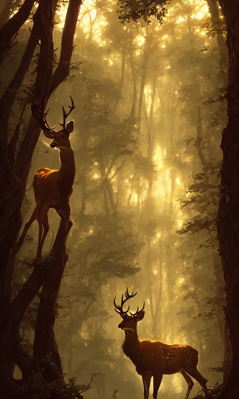 Image similar to Deer in Sherwood Forest, full frame, highly detailed, digital painting, artstation, concept art, smooth, sharp focus, illustration, art greg rutkowski and alphonse mucha