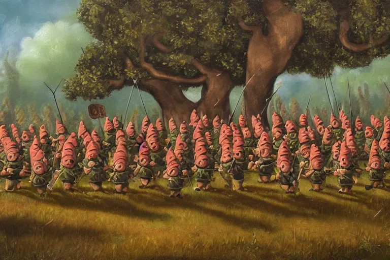 Image similar to an army of gnomes sending an arrow volley at a tree. canvis oil painting