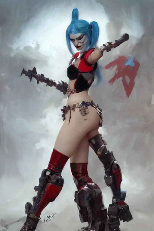 Prompt: portrait of Harley Quinn in bikini armor, dc comics, cyberpunk, Warhammer 40000, digital art from artstation by Ruan Jia and Mandy Jurgens and Artgerm and william-adolphe bouguereau