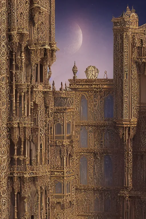 Prompt: ancient silver tower of the moon, distance view, fairytale illustration, elaborate carved latticed balconies, tall windows, moorish architecture, formal gardens, dramatic cinematic lighting, soft colors, golden age illustrator, unreal engine