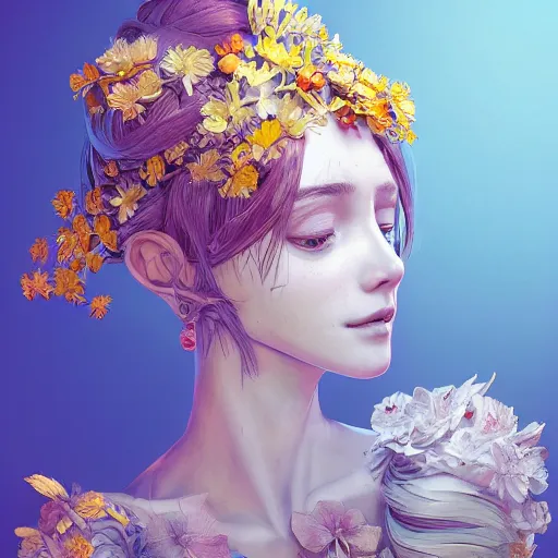 Image similar to the portrait of an absurdly beautiful, graceful, elegant young woman made of bananas and petals looking up, an ultrafine detailed illustration by kim jung gi, irakli nadar, intricate linework, bright colors, octopath traveler, final fantasy, angular, unreal engine 5 highly rendered, global illumination, radiant light, detailed and intricate environment