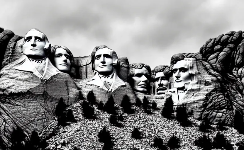 Image similar to mt. rushmore reimagined with heroic native american leaders, dramatic sky, epic environment and background, cinematic