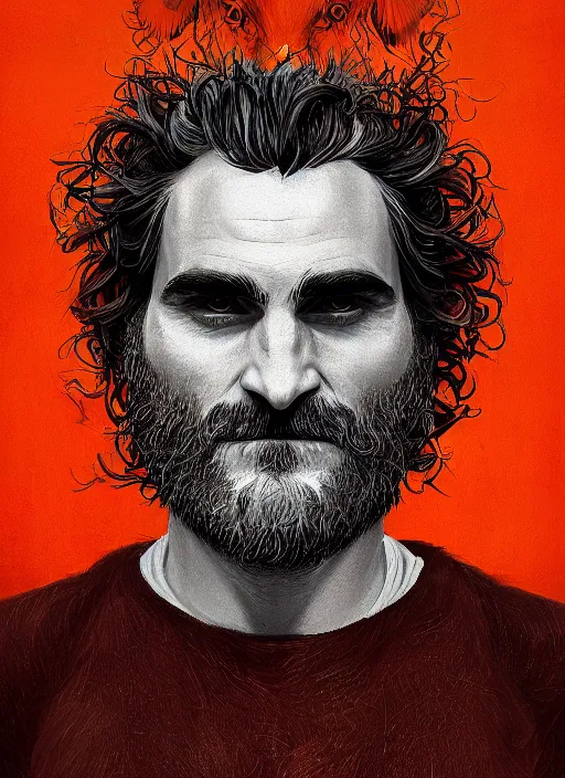 Image similar to a hyper detailed full face portrait of joaquin phoenix as the king of animals, cow, pig, sheep, chicken, horror, by anna podedworna, by miklos ligeti, by diego maricato, on artstation