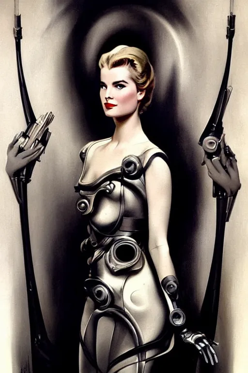 Prompt: beautiful evil cyborg grace kelly by steichen from the future in the style of a modern tom bagshaw, alphonse muca, victor horta, gaston bussiere. anatomically correct surreal body mods. extremely lush detail. masterpiece. melancholic scene infected by night. perfect composition and lighting. sharp focus. high contrast lush surrealistic photorealism. sultry expression.