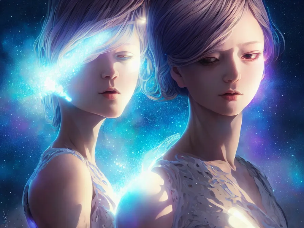 Image similar to a girl wearing a dress made of milky way with outer gods, conquest the earth, occlusion shadow, specular reflection, rim light, unreal engine, artgerm, artstation, art by hiroaki samura and ilya kuvshinov and ossdraws, intricate, highly detailed 8 k, fantasy illustration, extremely beautiful and aesthetic shape of face and body