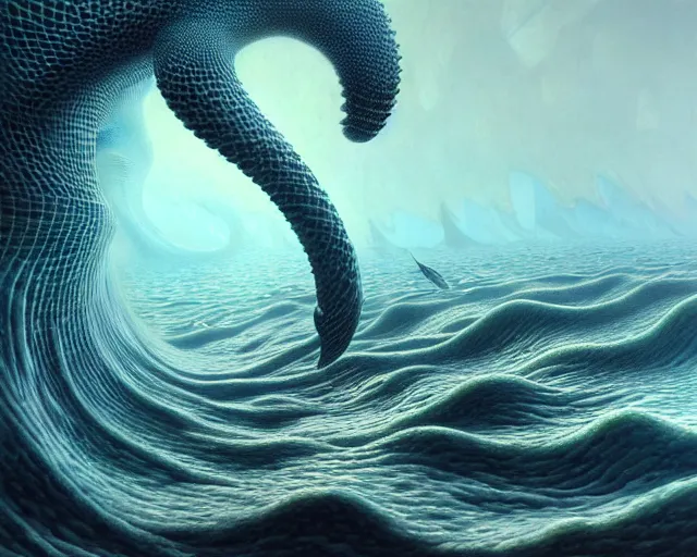 Prompt: a hyper - detailed 3 d render of animals of the aquatic ecosystem made of cresting waves, surrealism!!!!! surreal concept art, lifelike, photorealistic, digital painting, aesthetic, smooth, sharp focus, artstation hd, by greg rutkowski, klimt and nixeu and ian sprigger and wlop and krenz cushart,