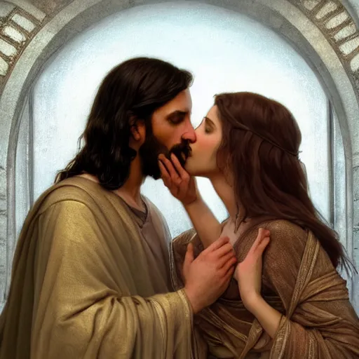 Image similar to jesus kissing a sensual woman in jerusalem, elegant, highly detailed, digital painting, artstation, concept art, matte, sharp focus, highly detailed, 4 k, hdr, smooth, sharp focus, high resolution, award - winning photo, photorealistic, art by artgerm and greg rutkowski and alphonse mucha, large shot