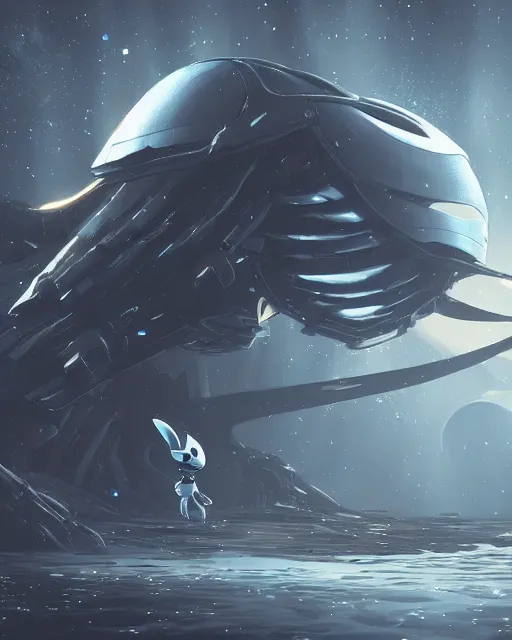 Image similar to Detailed epic render of scifi space battleship in hollow knight style