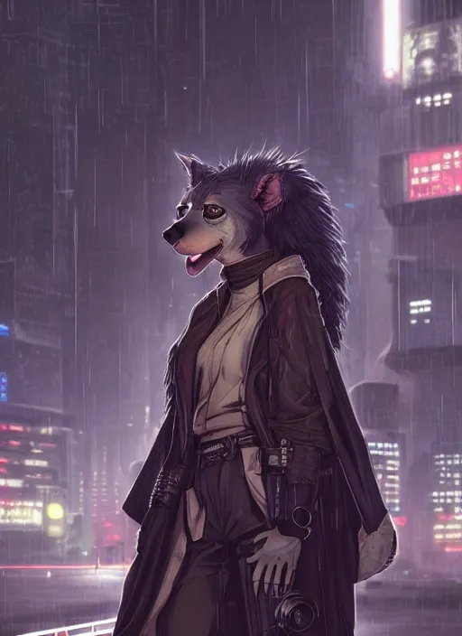 Prompt: character portrait of a female anthro hyena fursona with long black curly hair wearing jedi robes in a cyberpunk city at night while it rains. hidari, color page, tankoban, 4K, tone mapping, Akihiko Yoshida.