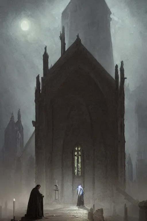 Image similar to A priest is trying to punish God for the death of his sister. He is getting ready to burn down the church, when supernatural forces start to torture him, horror, illustrated by Greg Rutkowski and Caspar David Friedrich., Trending on artstation, artstationHD, artstationHQ, 4k, 8k