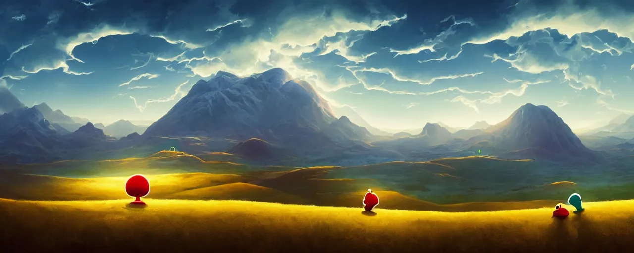 Image similar to detailed round pacman being chased by ghosts, in a beautiful nature landscape with clouds, mountains, in background, sunset, by rhads, round pacman, detailed, coherent