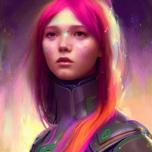 Image similar to girl with rainbow hair wearing futuristic space armor, official art, by jeremy lipking, by charlie bowater, photorealistic expressive oil painting, anime style, cgsociety, digital art