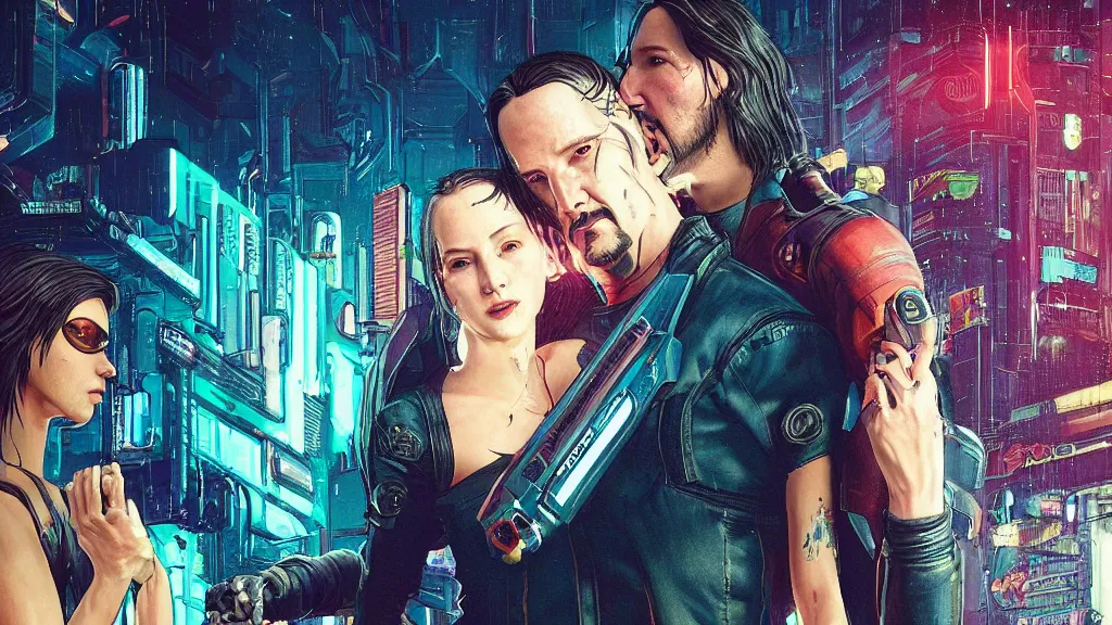 Image similar to a cyberpunk 2077 srcreenshot couple portrait of Keanu Reeves&female android in final kiss,love,film lighting,by Laurie Greasley,Lawrence Alma-Tadema,Dan Mumford,John Wick,Speed,Replicas,artstation,deviantart,FAN ART,full of color,Digital painting,face enhance,highly detailed,8K,octane,golden ratio,cinematic lighting