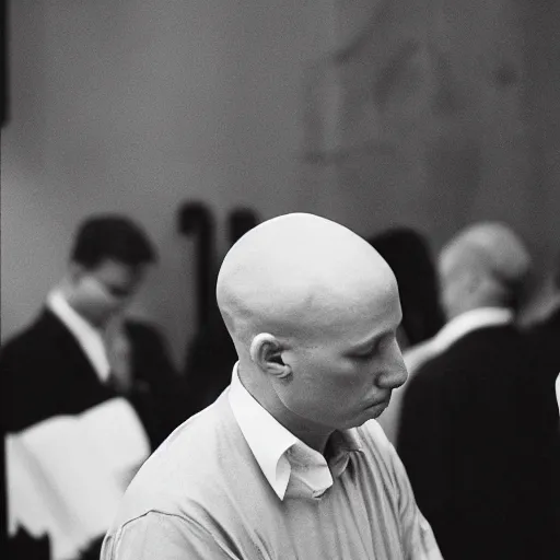 Prompt: 3 5 mm photograph of a bald donald trump praying at church on sunday