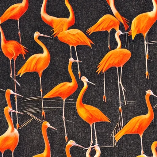 Prompt: seamles pencil drawing of many cranes, wallpaper, texture, orange pastel colors, dark background