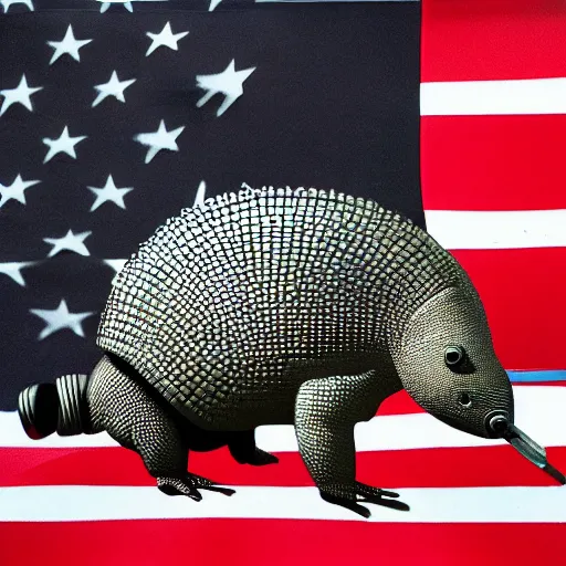 Prompt: a 3d design of a black t-shirt, armadillo patriot potus, modern art placed in a large living room, superrealism 3d 8k resolution