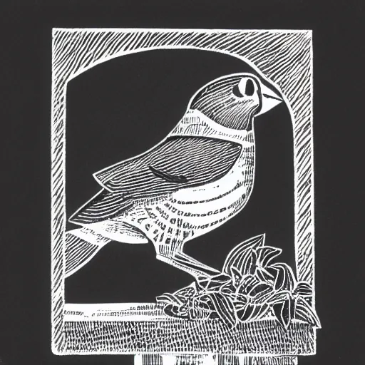 Image similar to block print bird in the style of slippery jack, black ink on white paper