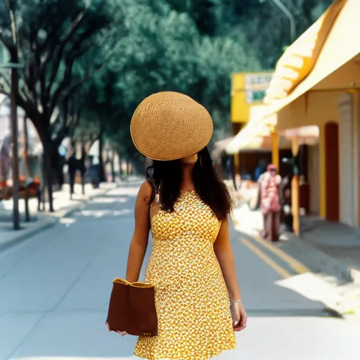 Prompt: a beautiful brown hair woman in a yellow sun dress, wearing sunglasses and a large white hat in downtown Los Angelas, full shot, 50mm lens, Kodak Potra 400 film