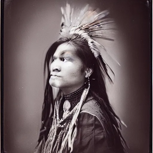Prompt: an analog 120mm film portrait of a Comanche woman, 1860, cinematic, long hair, glass plate photography, hq, detailed, realistic