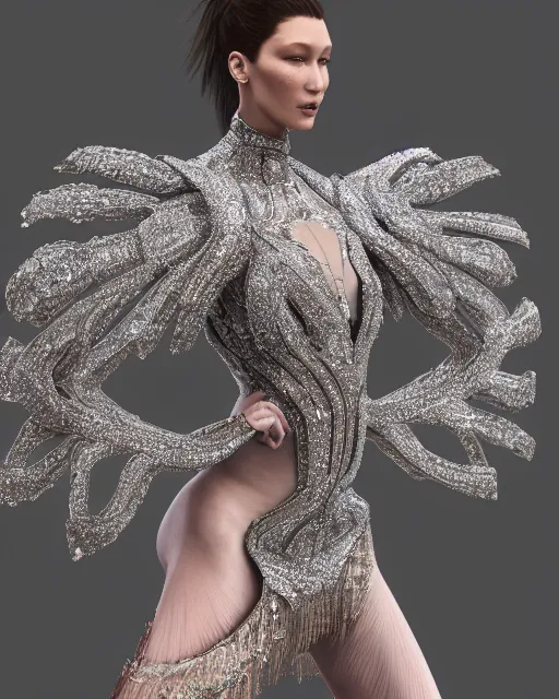 Image similar to a highly detailed metahuman 8 k close up render of bella hadid catwalk renaissance in iris van herpen dress schiaparelli in diamonds crystals swarovski and jewelry iridescent in style of alphonse mucha trending on artstation made in unreal engine 4