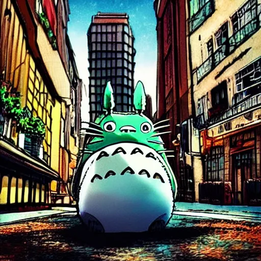 Prompt: totoro doing tourism with a photocamera, in the big city, europe, skyscrapers, fantasy digital art, wow, stunning, ghibli style, hight quality