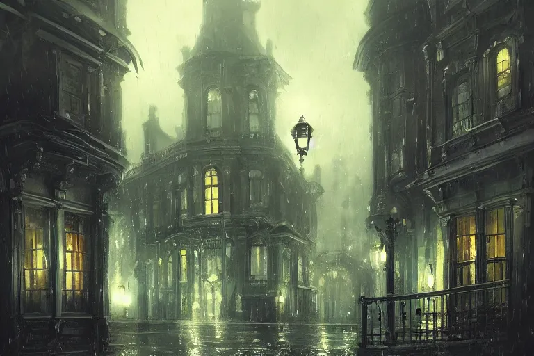 Image similar to beautiful serene victorian city, a lovecraftian monster in the background, gaslight, rain, low angle, wide angle, artstation