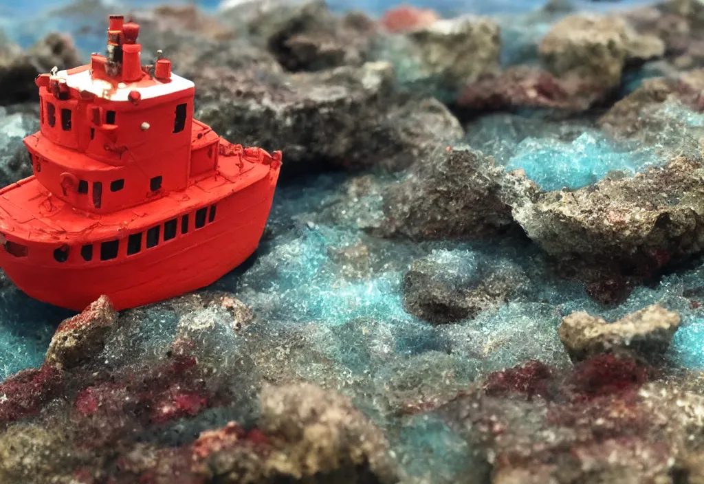 Image similar to red tugboat in ocean diorama, minature, 55mm, cube